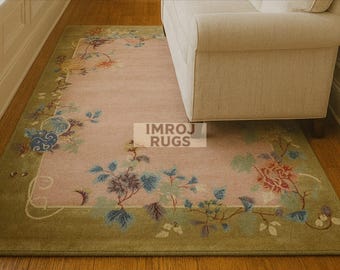 Vintage Floral Area Rug, Blush Pink & Sage Green Botanical Rug, Handmade Wool Rug, Traditional Luxury Carpet, Custom Size