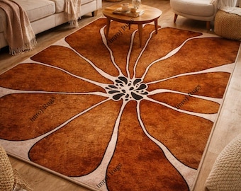 Brown Floral Tufted Rug, Handmade Flower Area Rug, Modern Botanical Carpet, Large Bloom Rug, Plush Living Room Rug, Bedroom Floor Decor,