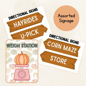 Pode incluir: V&aacute;rios sinais direcionais com tema de fazenda. Os sinais castanhos com texto branco indicam "Hayrides", "U-Pick", "Corn Maze" e "Store". Um sinal de "Weigh Station" apresenta uma ab&oacute;bora numa balan&ccedil;a.