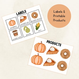 Pode incluir: Duas cartas retangulares brancas com ilustra&ccedil;&otilde;es em aquarela de ab&oacute;boras, torta de ab&oacute;bora, donuts e outros itens com tema de outono. O cart&atilde;o superior diz "LABELS" e o inferior "PRODUCTS". Um gr&aacute;fico circular diz "Labels & Printable Products".