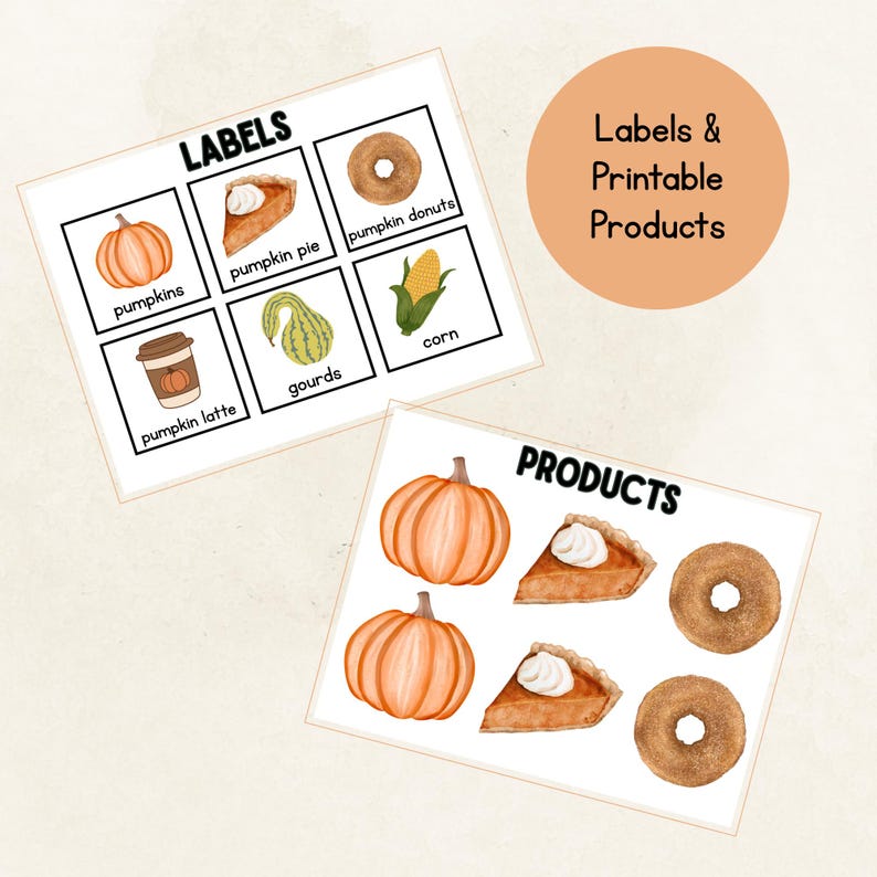 Pode incluir: Duas cartas retangulares brancas com ilustra&ccedil;&otilde;es em aquarela de ab&oacute;boras, torta de ab&oacute;bora, donuts e outros itens com tema de outono. O cart&atilde;o superior diz "LABELS" e o inferior "PRODUCTS". Um gr&aacute;fico circular diz "Labels & Printable Products".