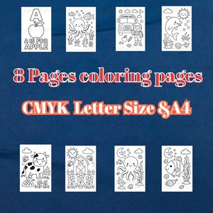 Könnte beinhalten: Acht Ausmalbilder mit verschiedenen Illustrationen, darunter ein Apfel, ein Oktopus, ein Schulbus und ein Delfin. Der Text lautet "8 Pages coloring pages" und "CMYK Letter Size & A4". Die Bilder sind Schwarz-Weiß-Strichzeichnungen.
