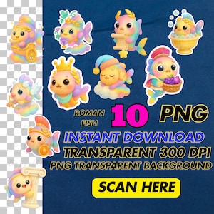 May include: A collection of ten colorful Roman fish illustrations in PNG format. Each fish is depicted with unique accessories, such as a crown, laurel wreath, or scroll. The image includes the text "Roman Fish", "Instant Download", and "Scan Here".