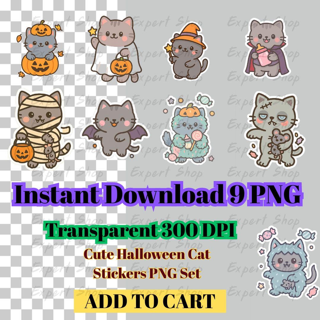 Cute Halloween Cat Stickers PNG Kawaii Halloween Cat Clipart Bundle 9 ...