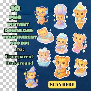 May include: A collection of 10 PNG digital stickers featuring adorable cartoon tiger cubs in various poses. The stickers include text that reads "Instant Download", "Transparent Background", and "Scan Here".