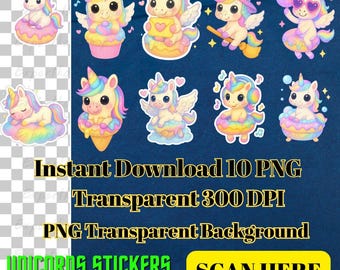 Lindo paquete de imágenes prediseñadas de unicornio kawaii, 10 archivos PNG transparentes de alta resolución de 300 DPI, unicornios arcoíris pastel para camisetas y pegatinas para niños.