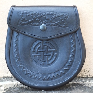 Men’s Scottish Black Chrome Leather CELTIC EMBOSSED SPORRAN | Gothic Clothing Sporran | Gothic Kilt Sporran with Chain Belt | Day Sporran