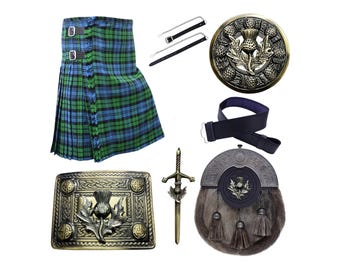 Men's Scottish 7 Pieces Fur Sporran kilt outfit Traditional full dress Casual outfit Highland Kilt set Available in 54+ Tartans