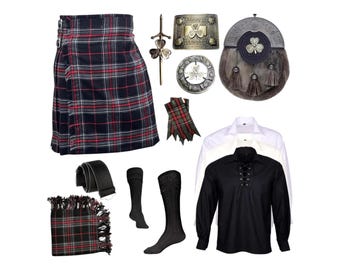 Men's Scottish 10 Pieces Fur Sporran kilt outfit Traditional Highland Kilt set Available in 54+ Tartans