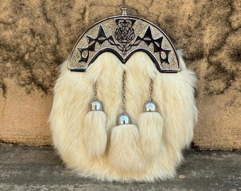 Scottish White Fur Sporran – Genuine Leather Kilt Sporran with Chain Belt