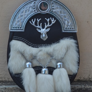 Scottish Full Dress Kilt Sporran Handmade Stag Head Badge Sporran With 3 Tassels Chrome Finished Sporran Wedding Outfit Sporran For Men&#39;s