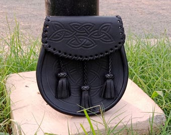 Men's Scottish Black Leather Embossed Kilt Dress Sporran with 3 Leather Tassels with Chain Belt