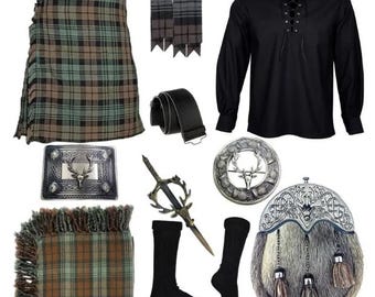 Men's Scottish 10 Pieces Fur Sporran kilt outfit Traditional Highland Kilt set Available in 54+ Tartans