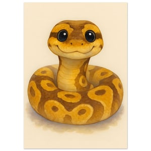 Puede incluir: Ilustración de una serpiente sonriente con ojos grandes y expresivos. La serpiente está representada en tonos cálidos de amarillo y marrón, con un patrón de formas redondeadas. La obra de arte tiene una calidad suave, similar a la acuarela, sobre un fondo neutro.