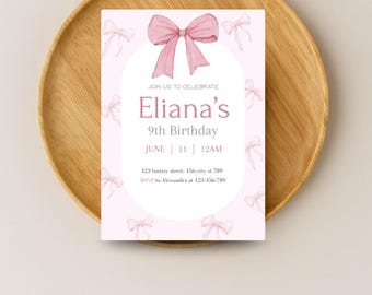 Editable Pink Bow Birthday Invitation, Pink Coquette Bow Invite Canva Template, Ribbon Girls Birthday Party digital invite card baptism bow