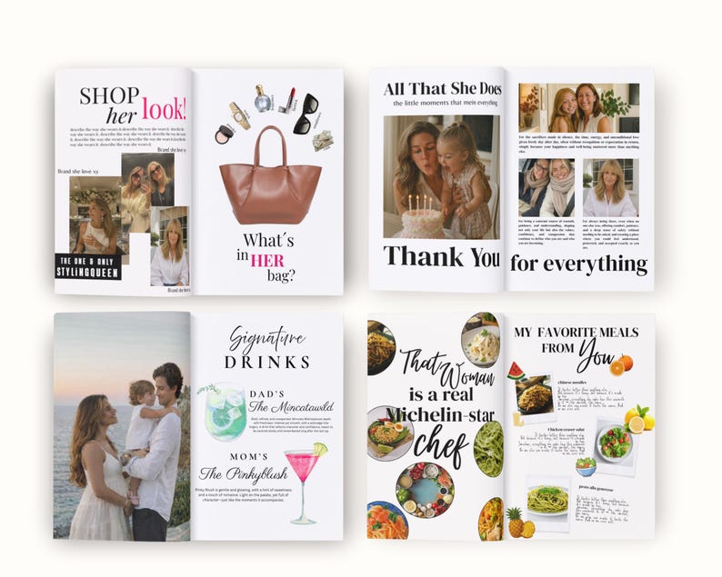Sjabloon voor een moedermagazine, gepersonaliseerd cadeau voor mama, bewerkbaar Canva-magazine, cadeau voor Moederdag, verjaardag en Kerstmis, aandenken aan het gezin afbeelding 3