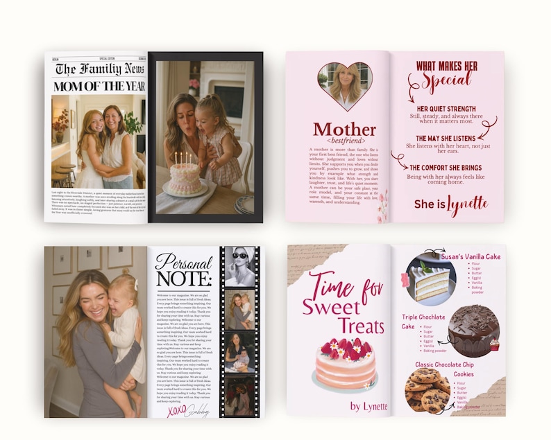 Sjabloon voor een moedermagazine, gepersonaliseerd cadeau voor mama, bewerkbaar Canva-magazine, cadeau voor Moederdag, verjaardag en Kerstmis, aandenken aan het gezin afbeelding 4