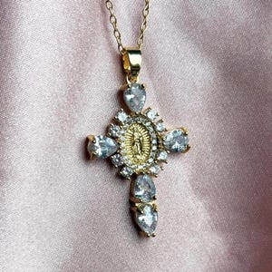Cross necklace, virgin medallion, gift idea cross, statement cross necklace, cross charm, Christian gifts, dainty cross necklace