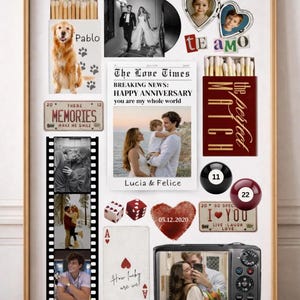 May include: A framed collage featuring various mementos. Includes photos, matchboxes, a film strip, a deck of cards, dice, and a camera. Text includes "Pablo", "Memories", "The Love Times", "Happy Anniversary", "Lucia & Felice", "I love you", and "How lucky are we?"