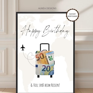 May include: A framed print with the words "Happy Birthday" in elegant script. A suitcase graphic is filled with Euro banknotes, with an airplane and dotted line. The text "& VIEL SPAB BEIM REISEN!" is at the bottom.