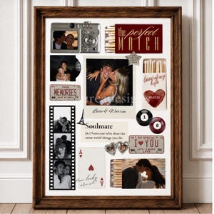 May include: A framed collage featuring a digital camera, matchboxes with text reading the perfect match and love of my life, a polaroid of a couple, a film strip, a playing card with an ace of hearts, billiard balls, and vintage-style signs.