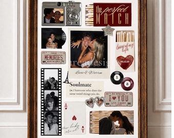 May include: A framed collage featuring a digital camera, matchboxes with text reading the perfect match and love of my life, a polaroid of a couple, a film strip, a playing card with an ace of hearts, billiard balls, and vintage-style signs.