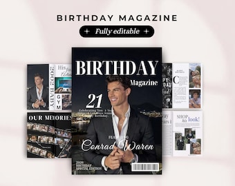 Verjaardagsmagazine voor mannen – bewerkbare Canva-sjabloon, gepersonaliseerd aandenken voor vriend of echtgenoot, fotoboekcadeau voor broer
