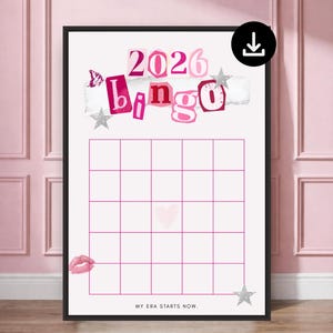 Könnte beinhalten: Ein gerahmtes rosa-weißes Bingo-Spielbrett mit dem Text "2026 Bingo" im Collage-Stil. Das Brett hat ein Raster aus Quadraten, ein Herz, einen Kussmund und den Text "MY ERA STARTS NOW."