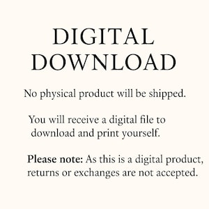 Op de afbeelding: Een cr&egrave;mekleurige afbeelding met de woorden "DIGITALE DOWNLOAD" in vette zwarte letters. De tekst hieronder vermeldt dat er geen fysiek product wordt verzonden en dat de koper een digitaal bestand ontvangt om te downloaden en af te drukken.