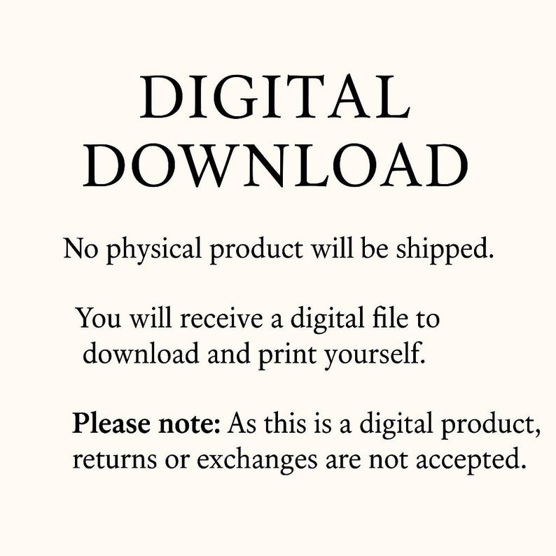 Op de afbeelding: Een cr&egrave;mekleurige afbeelding met de woorden "DIGITALE DOWNLOAD" in vette zwarte letters. De tekst hieronder vermeldt dat er geen fysiek product wordt verzonden en dat de koper een digitaal bestand ontvangt om te downloaden en af te drukken.