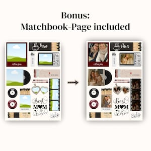 Op de afbeelding: Een digitale scrapbookpagina met verschillende elementen, waaronder foto's, een vinylplaat, een filmstrip en de tekst "Best Mom Ever". Het ontwerp bevat een "Paris"-afbeelding en een luciferboekje-pagina.