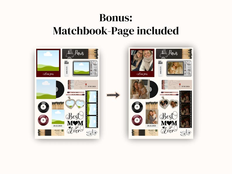 Op de afbeelding: Een digitale scrapbookpagina met verschillende elementen, waaronder foto's, een vinylplaat, een filmstrip en de tekst "Best Mom Ever". Het ontwerp bevat een "Paris"-afbeelding en een luciferboekje-pagina.