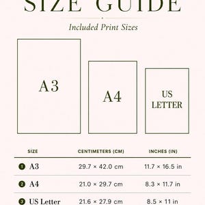 May include: A size guide chart for prints featuring three rectangular outlines labeled A3, A4, and US Letter. A table below lists dimensions in centimeters and inches for each size, including 11.7 x 16.5 inches for A3, 8.3 x 11.7 inches for A4, and 8.5 x 11 inches for US Letter.