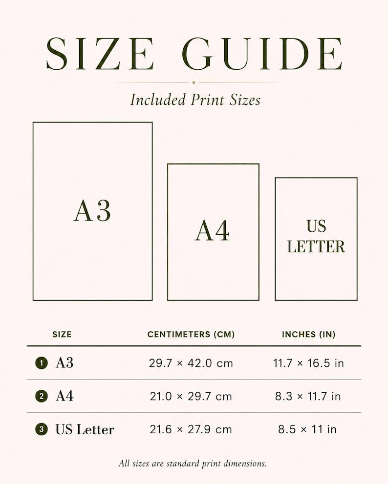May include: A size guide chart for prints featuring three rectangular outlines labeled A3, A4, and US Letter. A table below lists dimensions in centimeters and inches for each size, including 11.7 x 16.5 inches for A3, 8.3 x 11.7 inches for A4, and 8.5 x 11 inches for US Letter.
