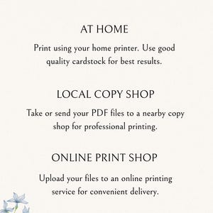 May include: An informational graphic with the heading WHERE TO PRINT? followed by instructions for AT HOME, LOCAL COPY SHOP, and ONLINE PRINT SHOP. The text is black on a light cream background with a small illustration of blue flowers in the corner.