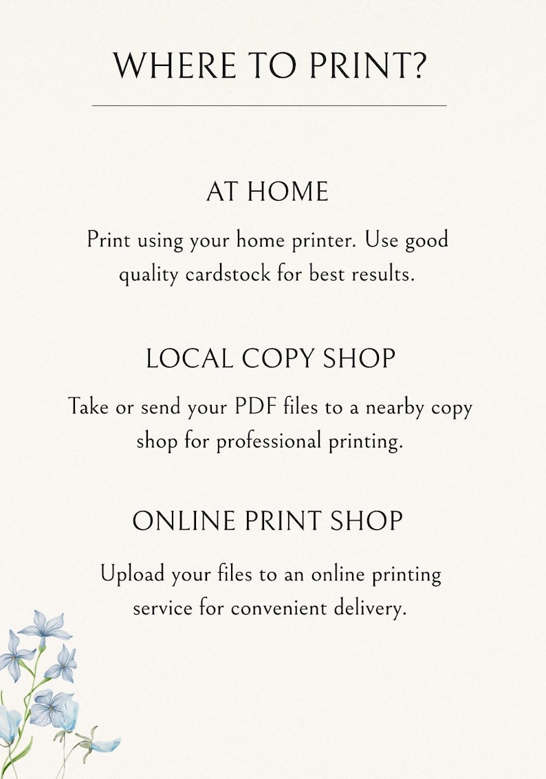 May include: An informational graphic with the heading WHERE TO PRINT? followed by instructions for AT HOME, LOCAL COPY SHOP, and ONLINE PRINT SHOP. The text is black on a light cream background with a small illustration of blue flowers in the corner.