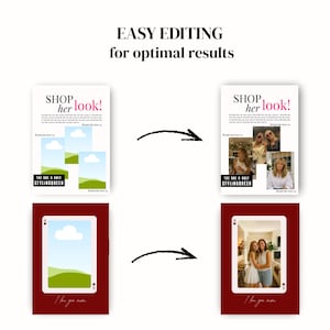 Op de afbeelding: Een afbeelding met een voor-en-na concept voor bewerking. De bovenkant toont een afbeelding met de tekst "SHOP her look!" en de onderkant toont een speelkaartontwerp met de tekst "I love you more". De tekst "EASY EDITING for optimal results" is ook aanwezig.