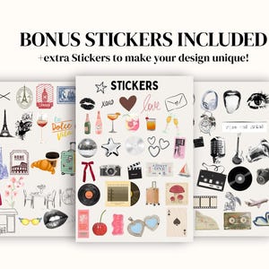 Op de afbeelding: Een verzameling stickers met diverse ontwerpen, waaronder afbeeldingen met een reisthema zoals de Eiffeltoren en de scheve toren van Pisa, samen met andere afbeeldingen zoals harten, lippen en een cassette. De tekst "BONUS STICKERS INCLUDED" staat bovenaan.