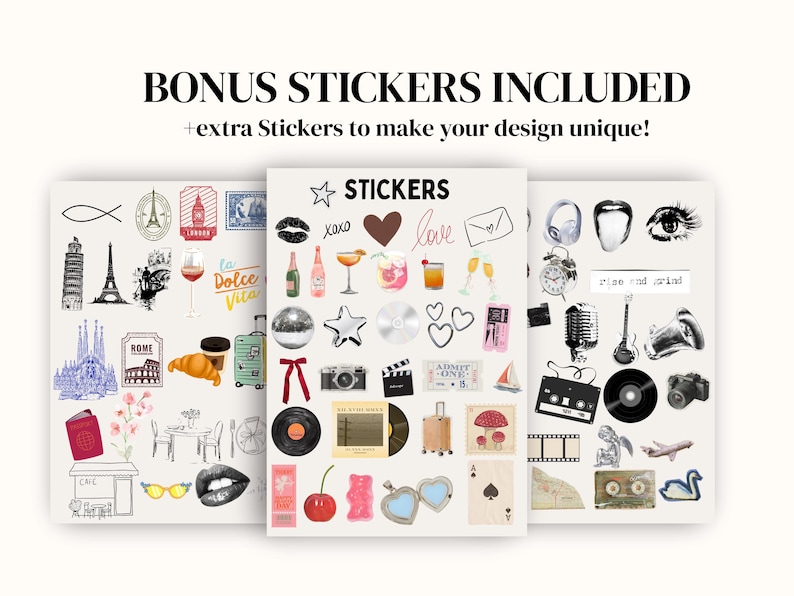 Op de afbeelding: Een verzameling stickers met diverse ontwerpen, waaronder afbeeldingen met een reisthema zoals de Eiffeltoren en de scheve toren van Pisa, samen met andere afbeeldingen zoals harten, lippen en een cassette. De tekst "BONUS STICKERS INCLUDED" staat bovenaan.