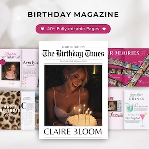 Könnte beinhalten: Eine Sammlung von Geburtstagsmagazin-Vorlagen mit verschiedenen Designs. Das zentrale Magazin-Cover zeigt eine Frau mit Geburtstagskuchen. Text enthält "BIRTHDAY MAGAZINE", "The Birthday Times" und "CLAIRE BLOOM".