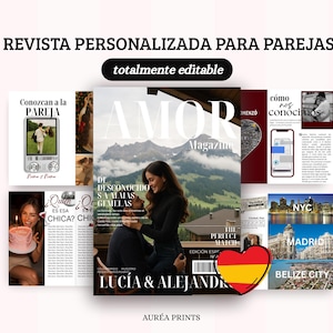 Könnte beinhalten: Eine Sammlung personalisierter Zeitschriften für Paare mit dem Text "AMOR Magazine" und verschiedenen Artikeln. Das Design umfasst Bilder von Paaren, Stadtlandschaften und den Text "REVISTA PERSONALIZADA PARA PAREJAS" und "totalmente editable". Ein Herz mit der spanischen Flagge ist ebenfalls vorhanden.