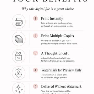 May include: An informational graphic titled YOUR BENEFITS Why this digital file is a great choice. It lists five points: 1 Print Instantly, 2 Print Multiple Copies, 3 A Thoughtful Gift, 4 Watermark for Preview Only, 5 Delivered Without Watermark.
