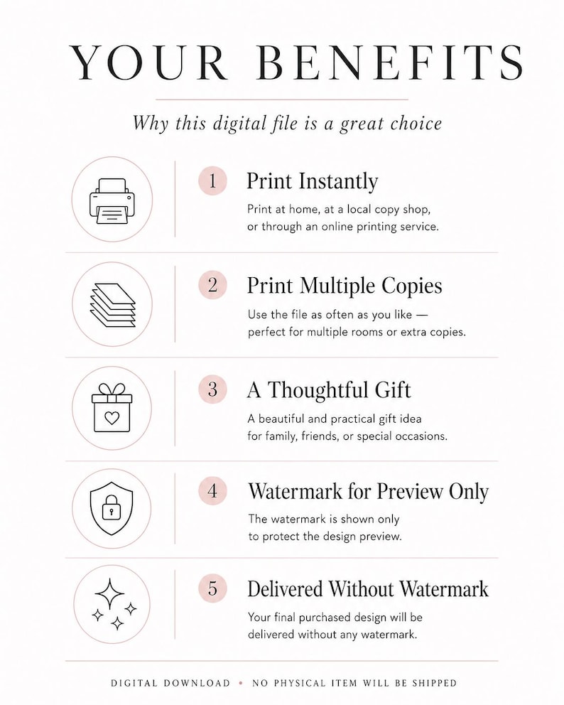 May include: An informational graphic titled YOUR BENEFITS Why this digital file is a great choice. It lists five points: 1 Print Instantly, 2 Print Multiple Copies, 3 A Thoughtful Gift, 4 Watermark for Preview Only, 5 Delivered Without Watermark.