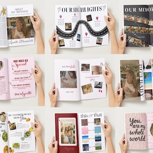 Op de afbeelding: Een verzameling open fotoboeken met verschillende lay-outs. De albums bevatten foto's, tekst en ontwerpen, waaronder een wegenkaart, hartvormen en de tekst "Our Highlights" en "Our Memories".