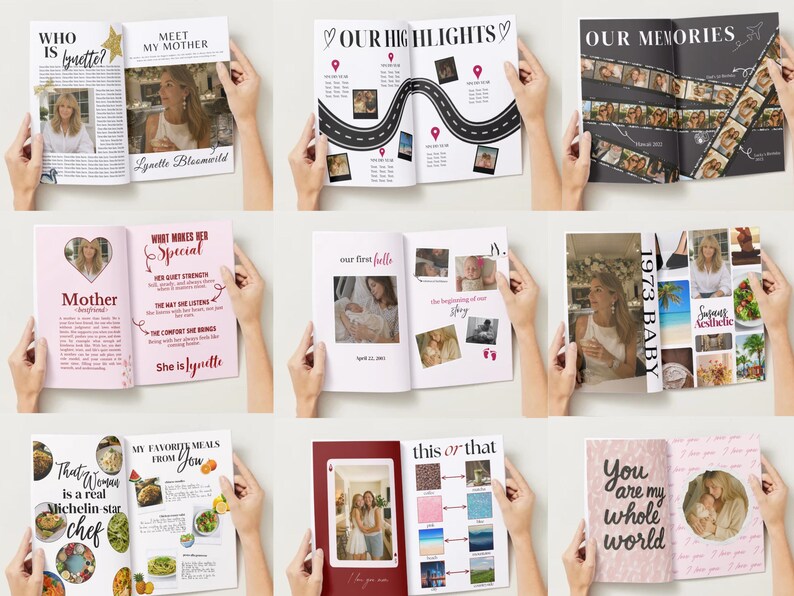 Op de afbeelding: Een verzameling open fotoboeken met verschillende lay-outs. De albums bevatten foto's, tekst en ontwerpen, waaronder een wegenkaart, hartvormen en de tekst "Our Highlights" en "Our Memories".