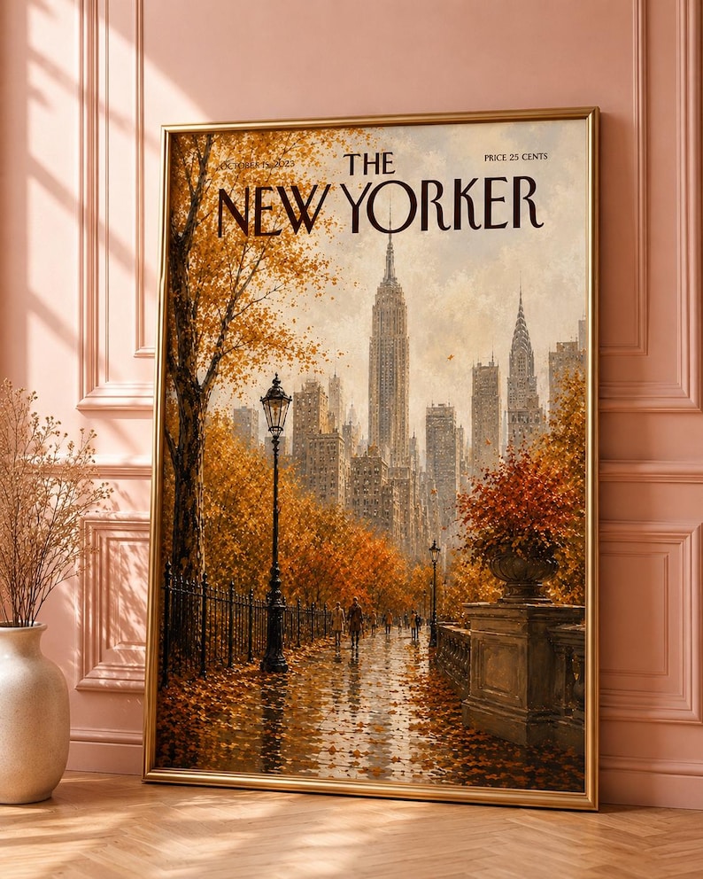 May include: A framed print of The New Yorker magazine cover dated October 15, 2023, featuring an autumnal New York City skyline with golden trees, a wet path covered in fallen leaves, a black lamppost, and the iconic skyscrapers in the distance.