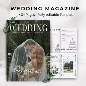 Könnte beinhalten: Eine Hochzeitsmagazin-Vorlage mit dem Titel "WEDDING" in großen, fetten Buchstaben. Das Cover zeigt ein sich küssendes Paar unter einem Schleier. Das Magazin enthält den Text "40+ Pages | Fully editable Template."