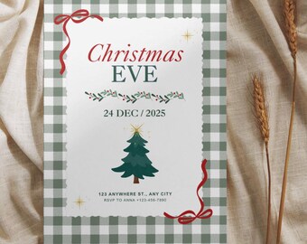 May include: A Christmas Eve invitation with a green and white gingham border. The invitation features the text "Christmas EVE" in red, the date "24 DEC / 2025", and a green Christmas tree illustration. Includes contact information.