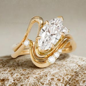 Unique East West Marquise Cut Moissanite Diamond Engagement Ring Set 14k Solid Gold Bridal Ring Set Promise Ring Anniversary Gift For Her
