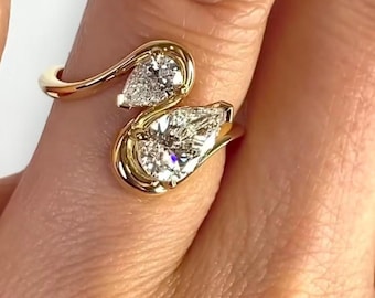 Pear Moissanite Bypass Ring: 14k Gold Teardrop Engagement Band